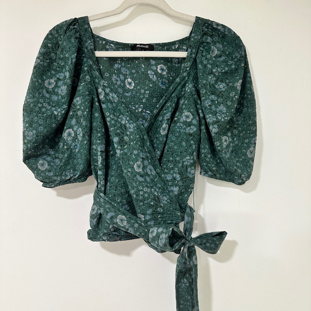 Madewell Floral Puff Sleeve Wrap Top Womens Small Green Cotton Smocked Back S